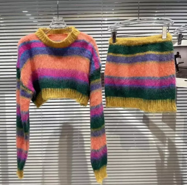 Women's Sets Hit Color Striped Knitwear High Waist Mini Skirt 2 Piece Rainbow Mohair Sweater