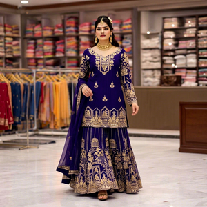 <b>Women's</b> Purple Embroidered <b>Kurta</b> Set With Gold Trim Floor-Length Traditional Indian Pakistani Wear All Seasons - Product Image 1