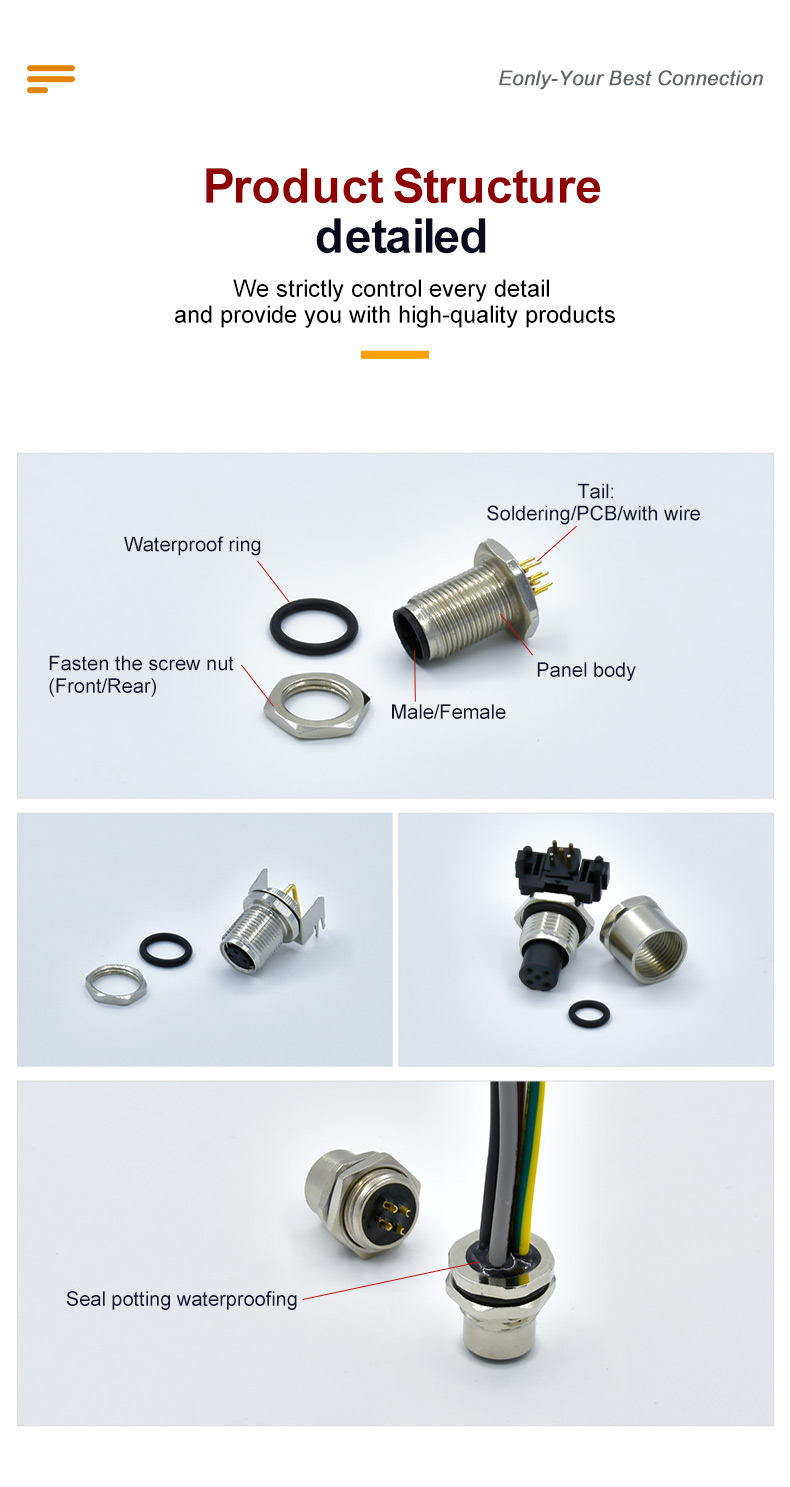 CuZn TPU M12 Panel Mount Connector IP68 M12 Series Connector With Wire Terminal Fasten