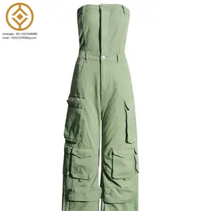 Jumpsuit tanpa tali untuk wanita, jumpsuit desain baru musim semi sambungan rasa banyak saku