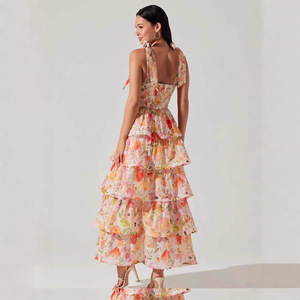 Vestido de Noche con Estampado Floral para Mujer, Manga Larga, Escote Corazón, Cintura Imperio, Capa Transparente, Vestido Maxi - Product Image 4