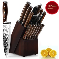 Ensemble de couteaux de cuisine transfrontalier, couteaux de chef martelés et forgés à la main, manches en bois, lames en acier inoxydable 3CR13, hachoir 15 pièces
