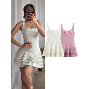 Chic haute rue mince robe courte femme été robe plissée femmes mode col carré sans manches solide Mini robe - Product Image 1