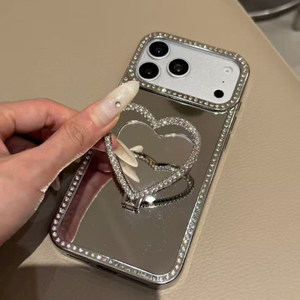 Soporte de Teléfono de Lujo con Diamantes y Espejo, 2 en 1, Plegable, con Forma de Corazón, Accesorios para Teléfono - Product Image 4
