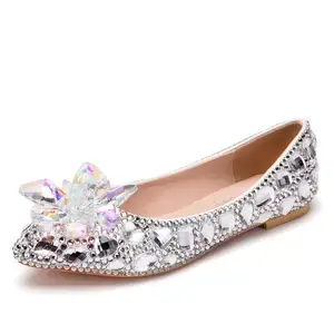 Sepatu Datar Ujung Lancip Berlian Imitasi, SEPATU Tunggal Bunga Kristal Warna Mewah, Sepatu Hak Datar Pernikahan S