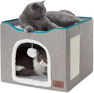 บ้านแมวขนาดใหญ่ในร่มพับได้,ถ้ำแมวสำหรับสัตว์เลี้ยงเตียงนอนสัตว์เลี้ยงอุ่นรังลูกบาศก์แมวพร้อมสองชั้น
