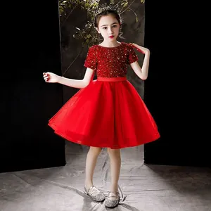Vestido infantil de lantejoulas para meninas, novo vestido de princesa vermelho para casamento, vestidos de manga curta para meninas de 10 anos de idade, vestido de festa para meninas