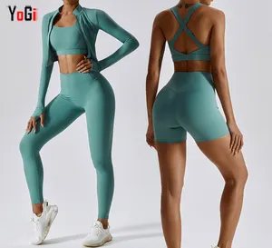 Women Yoga Clothing Sports Wear Long Sleeve Crop Top Bra Shorts Jacket Leggings 4 Piece Gym Fitness Sets