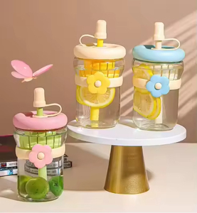 500ml Cute Flower Glass Water Bottle with Filter <b>Cold</b> Drink Beverage <b>Cup</b> Coffee Mug Lid Juice Mug Straw Portable Travel Mug - Product Image 1