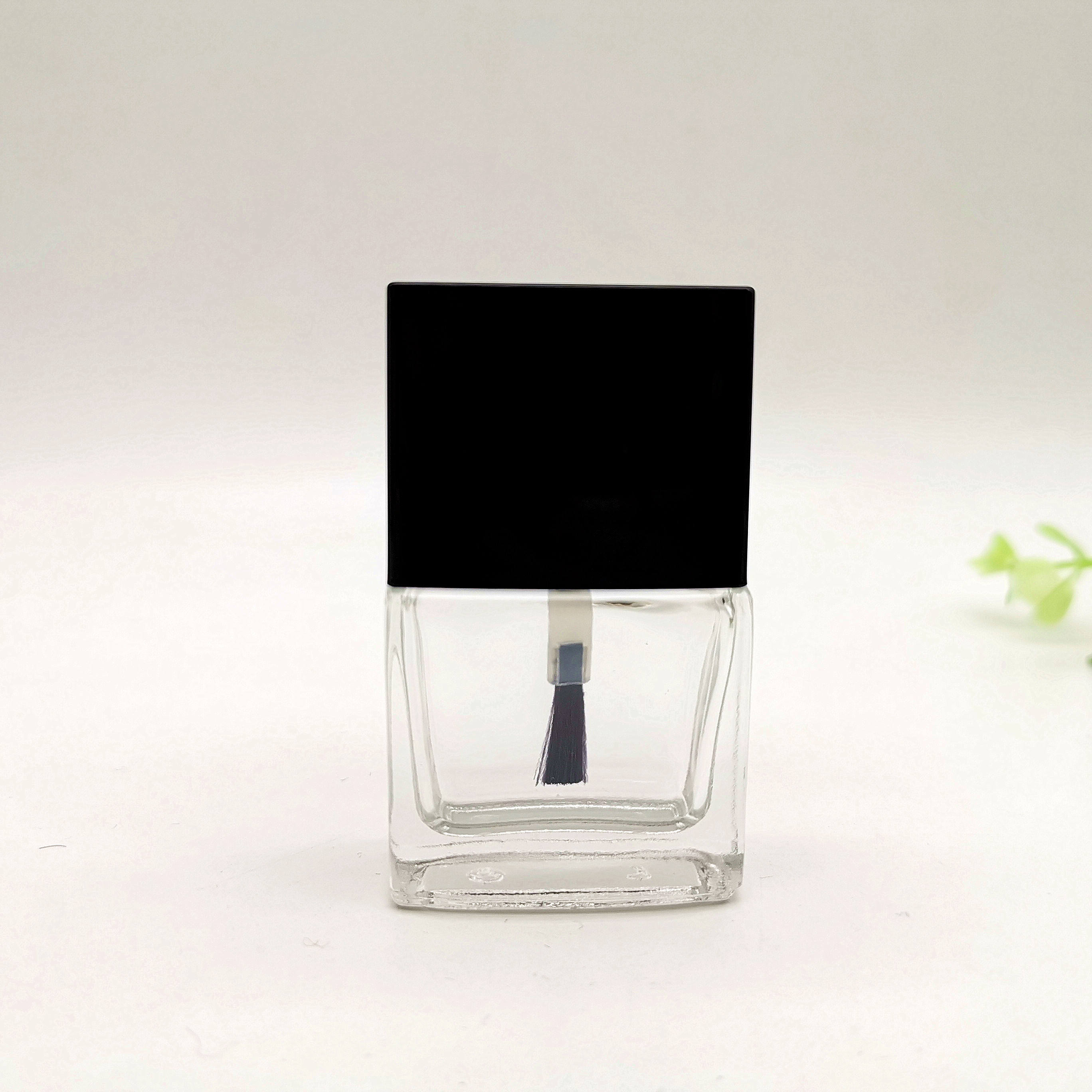 Square Shape Clear UV Gel Glass Nail Polish Bottle With Black And White Cap And Brush