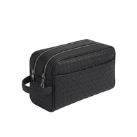 Pochette de toilette en cuir PU tissé à double fermeture éclair, marque privée