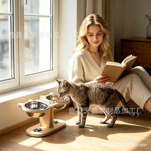 Comedero doble de madera para gatos con soporte, protector de cuello de acero inoxidable, soporte para cuencos de comida para mascotas, comedero para gatos, antideslizante - Product Image 2