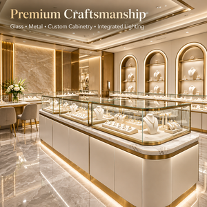 Comptoir de présentation de bijoux en verre marbré or champagne de luxe moderne, projet d'aménagement intérieur complet pour boutique de bijoux sur mesure - Product Image 2
