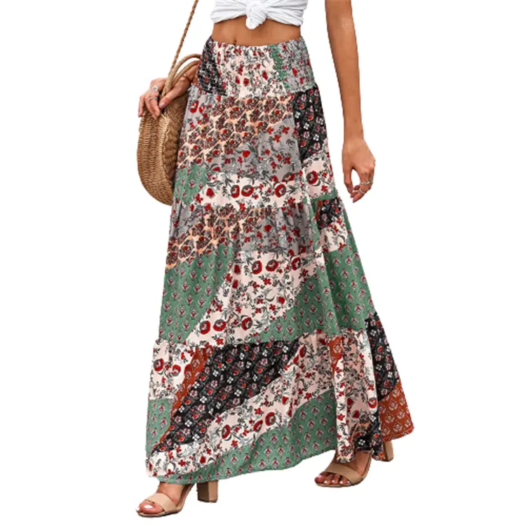 ขายส่งใหม่มาถึงหลากสีพิมพ์ดอกไม้ยาว Boho Maxi กระโปรงผู้หญิง