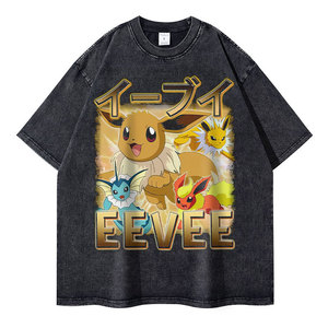 Camiseta Personalizada para Hombre, de Algodón 100%, 240 Gramos, Color Negro Intenso, Lavado Ácido, Diseño Vintage con Gráficos de la Serie Eevee, Charizard, Anime - Product Image 3