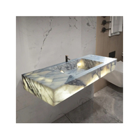 Plan de toilette flottant en marbre onyx blanc italien rétroéclairé, comptoir de salle de bain en marbre, vasque en marbre