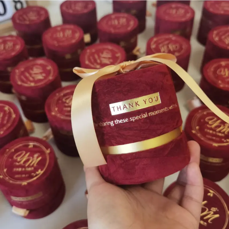 Luxe Or Gaufrage Rouge Rond Velours Papier Cylindre Tube De Mariage Décoration De Noël Emballage Boîte Cadeau Avec Couvercle Et Boîtes