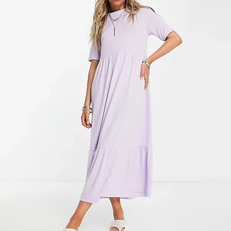 Korean Design Loose Summer Long Dresses Tiered Smock T-shirt Midi Dress In Lilac For Women Custom