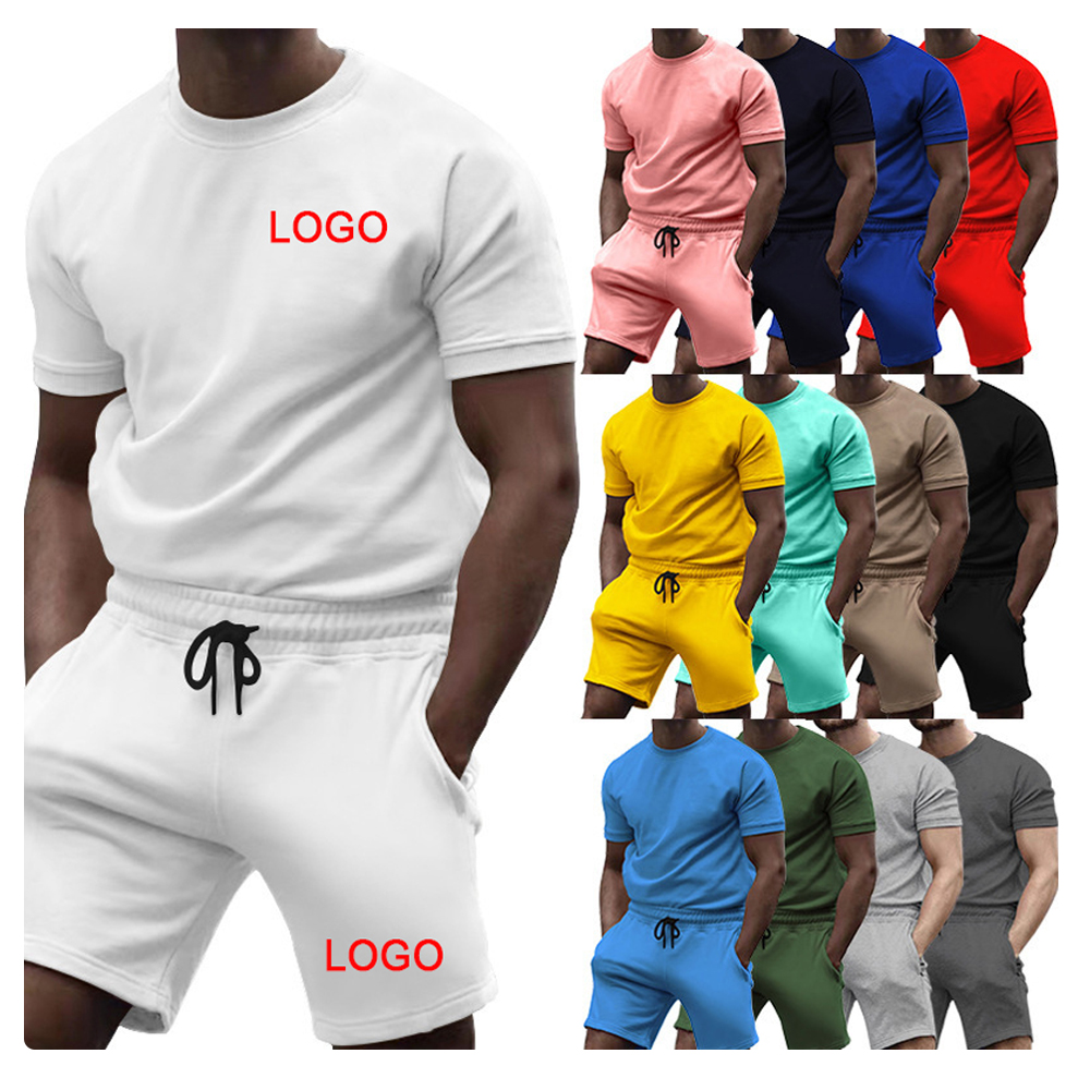 Fabricante de roupas de verão com logotipo personalizado, roupas curtas masculinas para uso ao ar livre, roupas de cor pura, conjunto de camisetas e shorts para adultos, duas peças