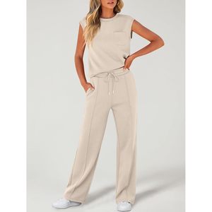 FOXA Women Two Piece Set Sleeveless O Neck <b>Top</b> Wide Leg Pants Breathable Knitted Casual Summer Outfit - Product Image 3