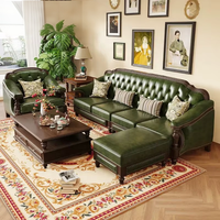 Minis Juego de Sofás Americanos Retro de Madera Maciza con Capa Superior de Cuero Vacuno Verde Oscuro, Relleno de Esponja, Forma Lineal para Sala de Estar