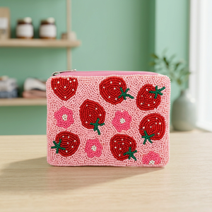 Monedero de algodón hecho a mano con cuentas y fresa bordada, mini bolsa cuadrada rosa con cremallera para monedas, ideal para regalo de fiesta - Product Image 1