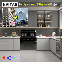 Meubles de cuisine modulaires modernes en bois NVITAS avec finition stratifiée et verre, design écologique et ignifuge pour projets hôteliers, d'appartements et de villas