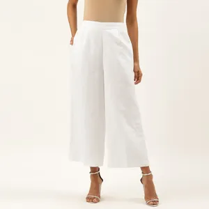 Custom hot selling women's pants white linen cotton woven high waist Solid 2 pockets plus size parallel pants