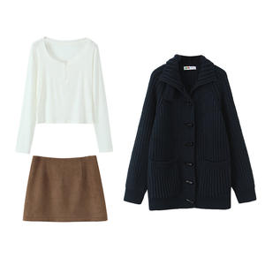 Cardigan en tricot pour femme Runqi, bleu marine, col montant, boutons en corne, grande taille, ensemble Softcore N9286 - Product Image 1