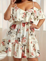 Robe d'été élégante et romantique à fleurs roses pour femmes, épaules dénudées, manches bouffantes, robe courte style A, plage, fête, grande taille