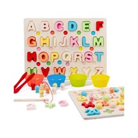Jouets éducatifs sensoriels Montessori en bois naturel 3 en 1 : jeu de pêche lettres et chiffres, puzzle alphabet multicolore pour la coordination œil-main