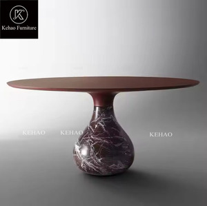 Table de <span class=keywords><strong>Salle</strong></span> <span class=keywords><strong>à</strong></span> <span class=keywords><strong>Manger</strong></span> Ronde <span class=keywords><strong>Roche</strong></span> <span class=keywords><strong>Bobois</strong></span> Haut de Gamme Rouge de Luxe, Base en Marbre Naturel Aqua, Plateau en Bois, Style Villa Italienne - Product Image 2