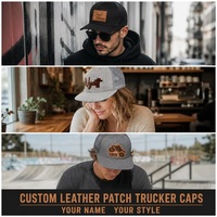 Op maat gemaakte leren patch trucker pet 6 panelen platte klep snapback cap gepersonaliseerde naam grijs zwart verstelbaar groothandel OEM lage minimale bestelhoeveelheid