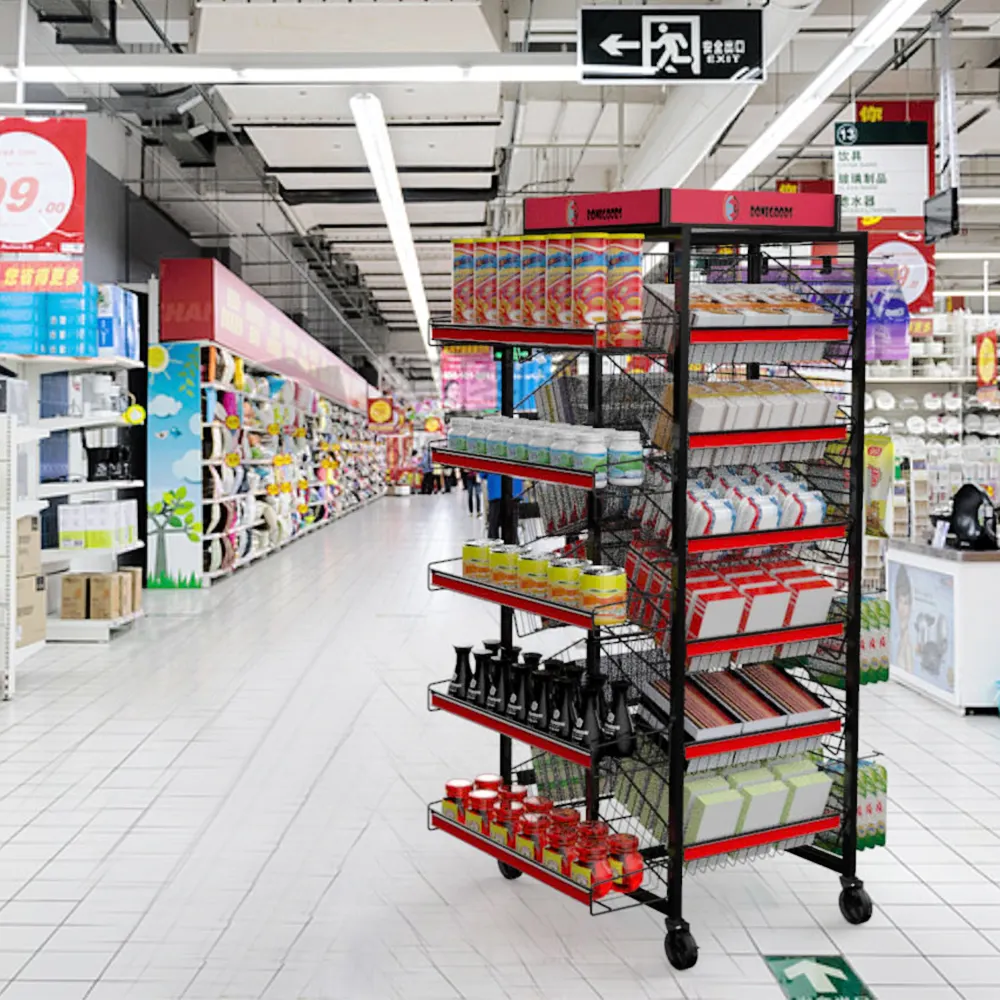 Présentoir de panier au sol en métal noir pour boisson de bonbons de collation stocké pour les supports d'affichage de magasin de détail de supermarché