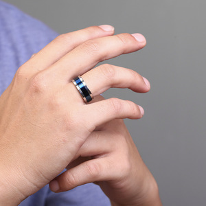<b>Titanium</b> Steel <b>Ring</b> Blue Black Two Tone Geometric Men's Everyday Wear Index Finger Band K R408 - Product Image 3