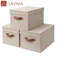 Cestas de Almacenamiento de Tela Lavinia con Tapas, Cajas Decorativas con Asas de PU, Cestas Plegables para Armarios, Apilables, Ligeras y Transpirables