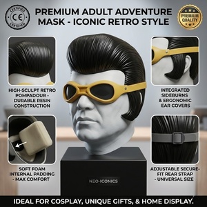 Masque en latex style rock and roll Elvis avec perruque, thème amusant et original pour déguisement d'Halloween, mascarade, cosplay, 18 ans et plus - Product Image 3