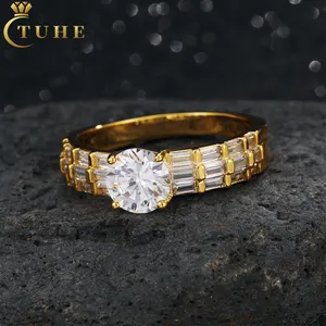 Luxury Wedding Jewelry 18K Gold Plated Copper Prong Setting AAAAA Baguette CZ Diamond Engagement Ring For Men Women