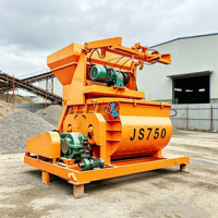 Mixer Beton JS750 Twin Shaft 750L 35m3/jam Warna Kuning dengan Panel Kontrol Digital dan Tombol Stop Darurat