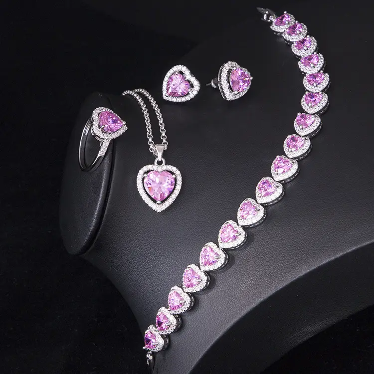 Conjuntos de joyería fina Rosa circón corazón COLLAR COLGANTE pendientes collar AAA CZ anillo brazalete conjuntos de joyería mujeres
