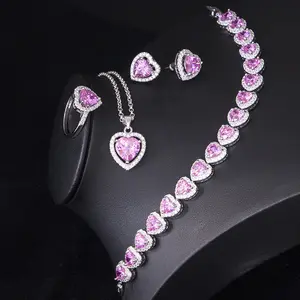 Ensembles de bijoux fins rose Zircon coeur collier pendentif boucles d'oreilles collier AAA CZ anneau bracelet ensembles de bijoux femmes