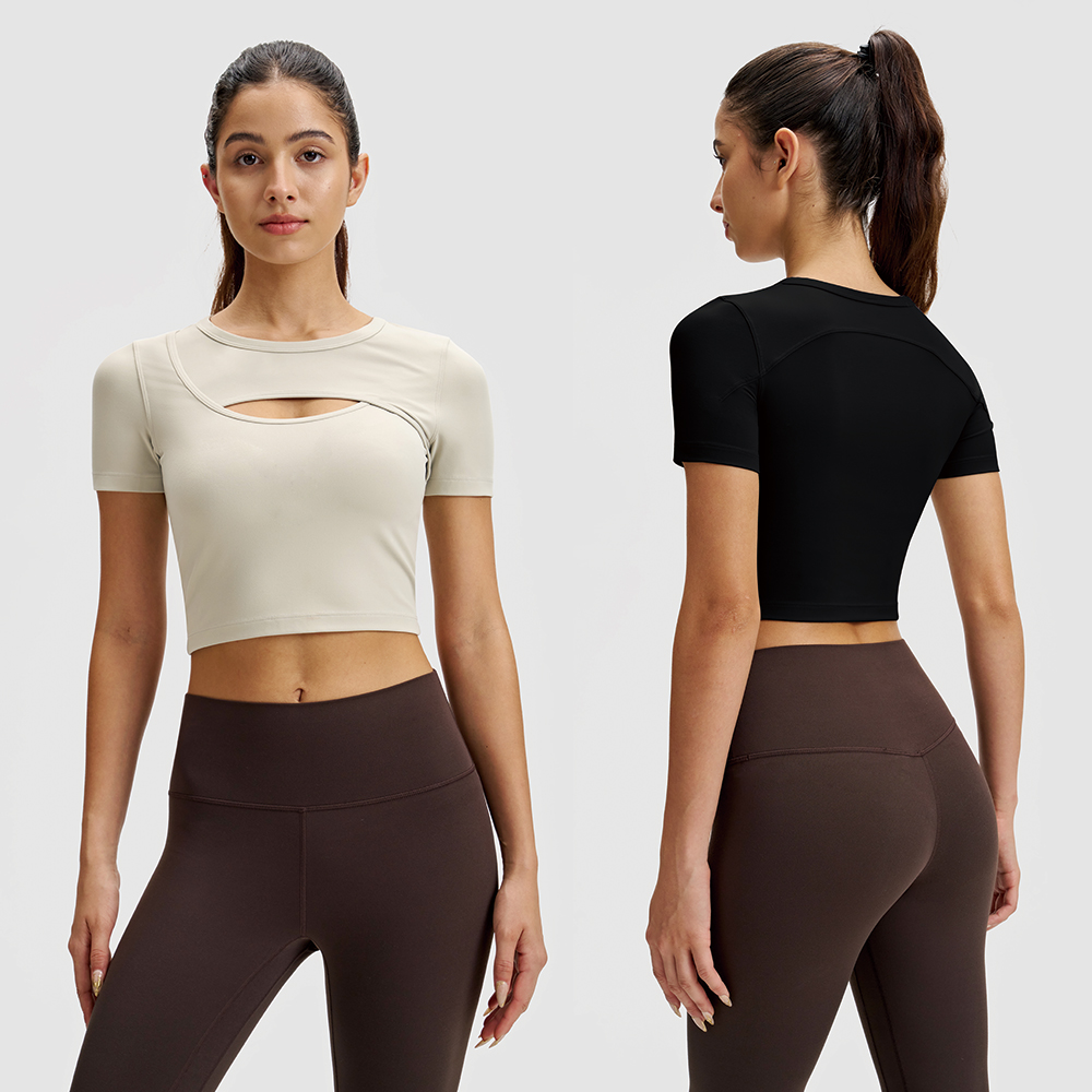 Women's Fashion Hollow Out Sports Short Sleeve Breathable Running Fitness T-shirt Elastic Slim Fit Yoga Wear Crew Neck Top