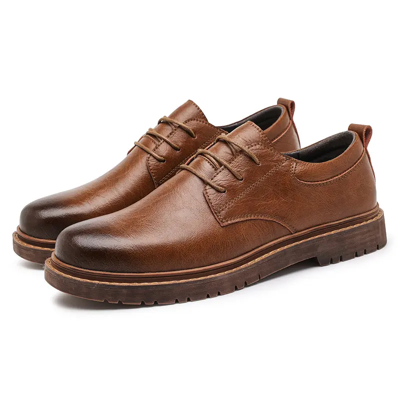 New Product Fashion Casual Leather Shoes Brown Thick Sole Lace Up Leather Large Size Men's Casual Leather Shoes