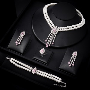 024401 Tassel Pérola Conjuntos de Jóias para Mulheres Rosa Cubic Zircon <span class=keywords><strong>Set</strong></span> Completa Jóias Mulher Arábia Saudita Wedding Party Acessório - Product Image 1