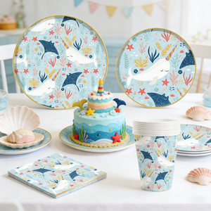 ชุดอุปกรณ์จัดงานวันเกิดเด็ก DAMAI ลายปลาวาฬ สีฟ้า รูปทรงกลม ภาชนะใช้แล้วทิ้ง กระดาษเช็ดปาก แก้ว จาน - Product Image 1