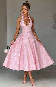 Abito da Sera Elegante Midi Lungo da Donna di Alta Qualità in Jacquard Bianco con Corsetto, Allacciatura al Collo a V, Schiena Scoperta, Senza Maniche e Allacciatura Posteriore - Product Image 5