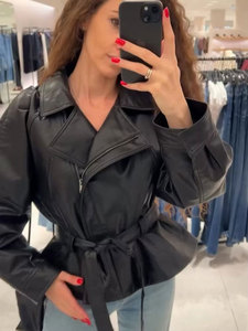 ZEVITY – veste noire à manches courtes et longues pour femmes, avec fermeture éclair, revers, ceinture, style <span class=keywords><strong>vintage</strong></span>, en PU, veste de <span class=keywords><strong>moto</strong></span>, manteau d'extérieur - Product Image 5