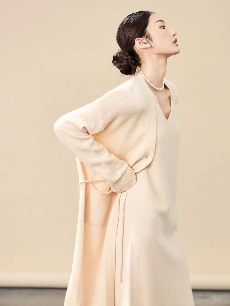 Abrigo de cárdigan informal suelto liso con cuello en V de largo medio de lana 100% personalizado para mujer