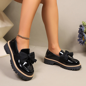 2026 New Women PU Solid Color Bowknot Slip-on Loafers Rubber Chunky Heel Sexy Casual Plus Size Daily <b>Shoes</b> - Product Image 2