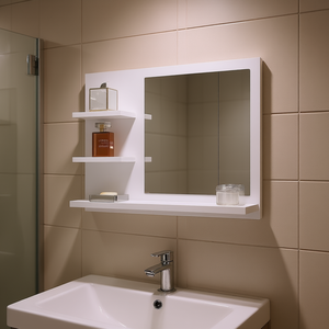 Miroir de salle de bain blanc moyen avec étagères, mural, rectangulaire, en bois d'ingénierie et acrylique, étagère de rangement à 3 niveaux - Product Image 2
